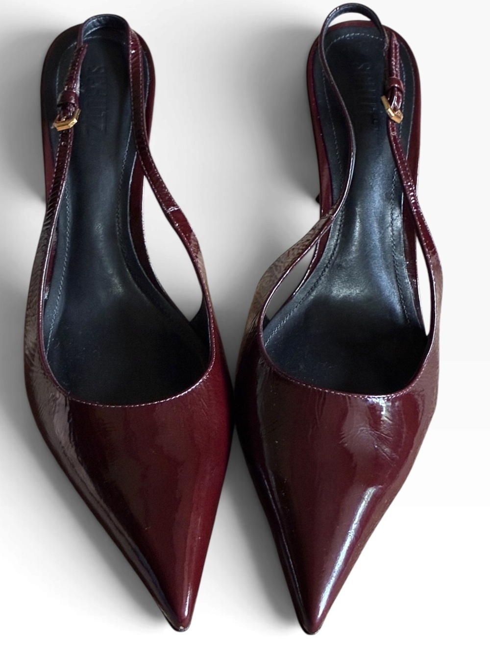 Schutz Elisha Burgundy Maplewood Patent Leather Slingback Pumps Gold Heels 10.5 - Picture 10 of 15